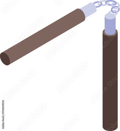 Rotating nunchaku weapon with chain on white background, isometric view