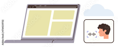 Open laptop browser interface alongside a voice recognition panel and cloud icon. Ideal for technology, web browsing, voice command, cloud computing, AI, user interaction, communication. Simple flat