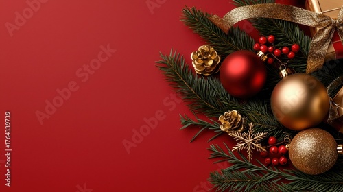 Festive Christmas Decorations with Ornaments and Pine on Red Background