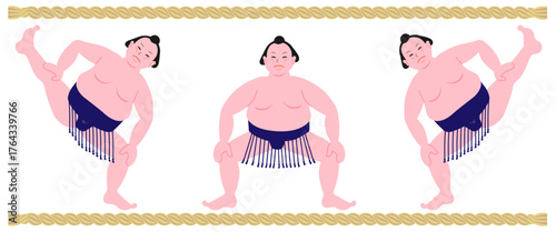 Vector illustration of cute sumo wrestler doing shiko stomping exercise in three poses, flat design