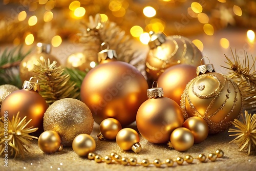 Bunch of gold colored Christmas ornaments
