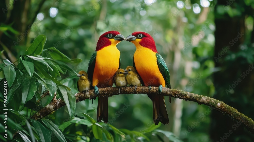 Obraz premium Colorful Tropical Birds Nesting in Lush Green Forest Environment