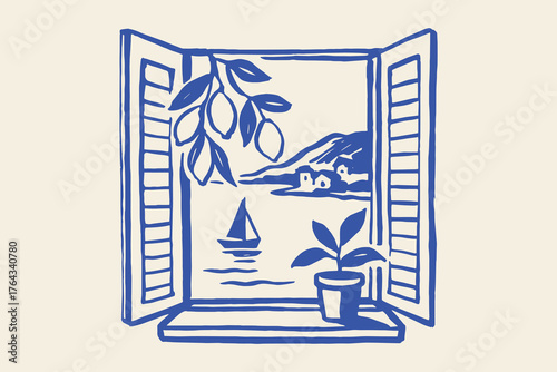 Open window mediterranean sea view minimalist sketch vector illustration