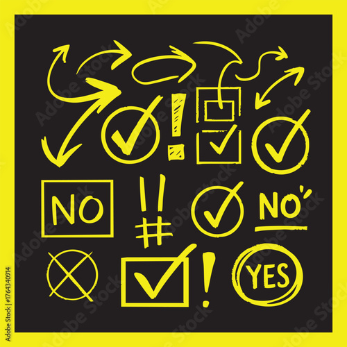 Yellow Hand Drawn Checkmarks Arrows Yes No Symbols on Black Background check mark