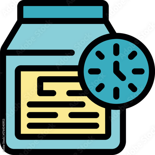 Sport nutrition container showing expiration date with clock, representing timing for protein intake