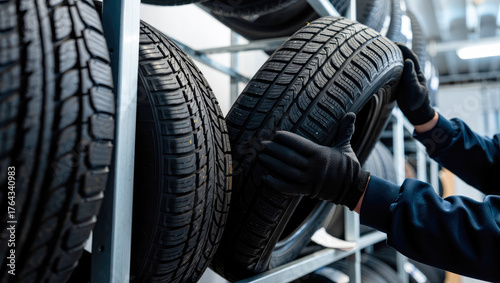 Tire storage, car tires, tire shop. Man holding new tire. vehicle maintenance, automotive service, wheel warehouse, seasonal tire change, transportation safety, spare parts store, mechanic workshop.
