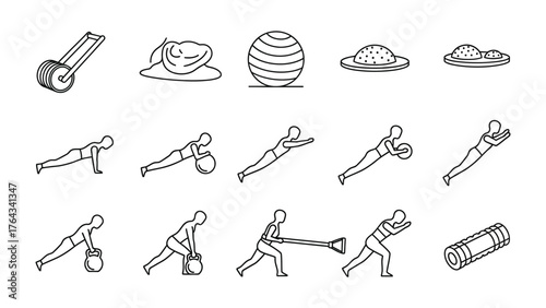 Fitness Equipment and Exercises: A comprehensive illustration showcasing an array of fitness tools and exercises, ideal for promoting health, wellness, and an active lifestyle.