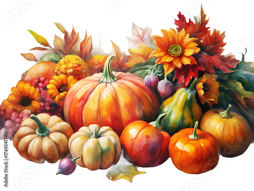 Watercolor autumn harvest composition with pumpkins, gourds, sunflowers, and fall leaves.