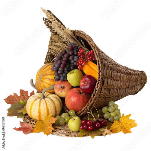 Cornucopia with autumn fruits, vegetables, and leaves, symbol of harvest and Thanksgiving.