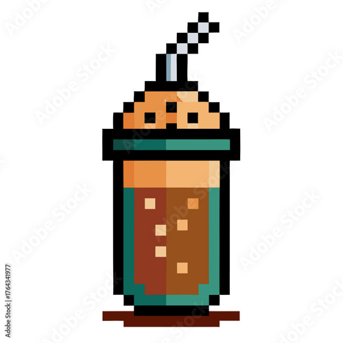 Quench your thirst with pixelated iced coffee refreshing beverage, retro gaming vibes, perfect for nostalgic designs and creative projects