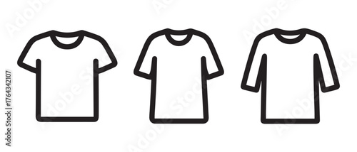 Black and White Shirt Sleeve Style Icons. T-Shirt and 3/4 Sleeve Line Drawings for Fashion Design & Apparel UI.