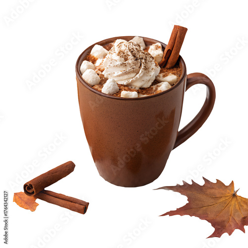 Hot chocolate with whipped cream, marshmallows, cinnamon, and autumn leaves, cozy drink.