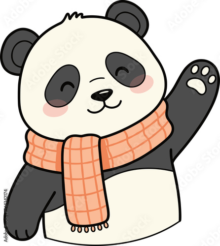 A cute cartoon giant panda wearing a peach checkered scarf is waving its paw with a happy expression.
