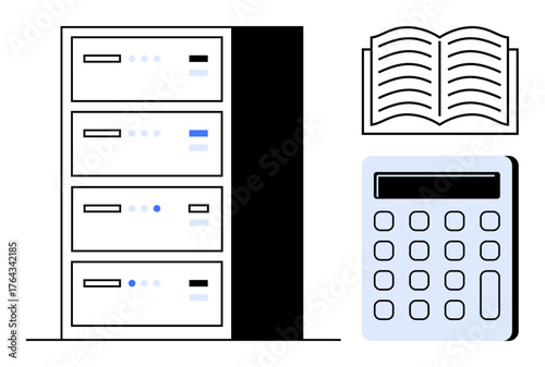 Server racks, open book, and calculator depict data storage, education, and analytics. Ideal for technology, research, learning computation IT systems database modern knowledge. Simple flat