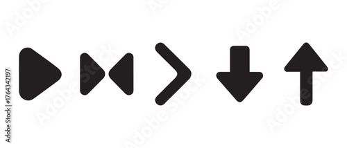 Minimalist Media Control Icons. Play, Rewind, Fast Forward, Up & Down Arrows in Bold Black Design.