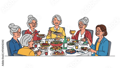 Elderly Women's Gathering A Joyful Mealtime of Seniors Bonding Over Food