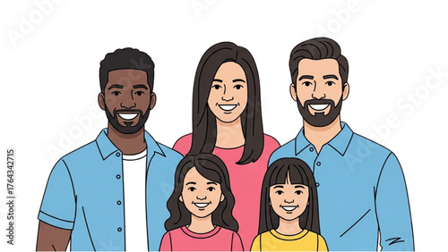 Happy multicultural family portrait with two parents and their daughters smiling together