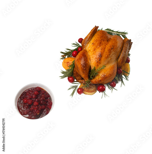 Roast turkey with rosemary, potatoes, cranberries, and a bowl of cranberry sauce, festive dinner.