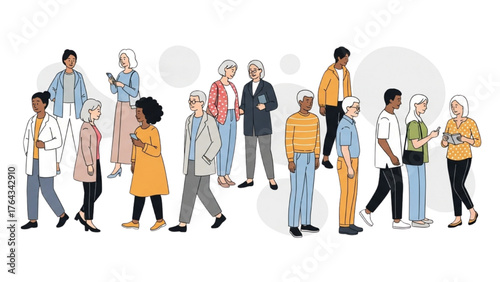 Diverse group of modern senior people using smartphones for communication and social networking