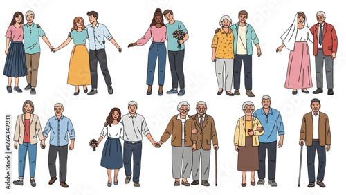 Diverse couples and families of various ages and ethnicities in casual attire