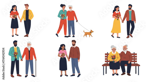 Collection of diverse loving couples of different ages and ethnicities showing affection