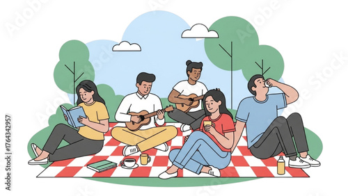 Friends enjoying a delightful outdoor picnic with music and refreshments