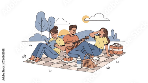 Friends enjoying a pleasant outdoor picnic in a park with music and snacks