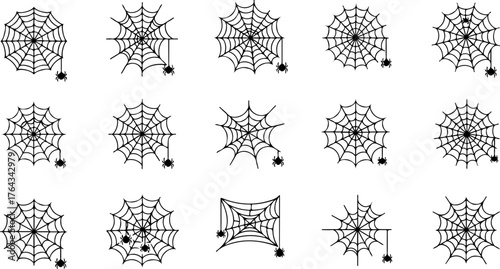 Spider Web Collection A set of various spider webs with spiders for Halloween designs and spooky themes
