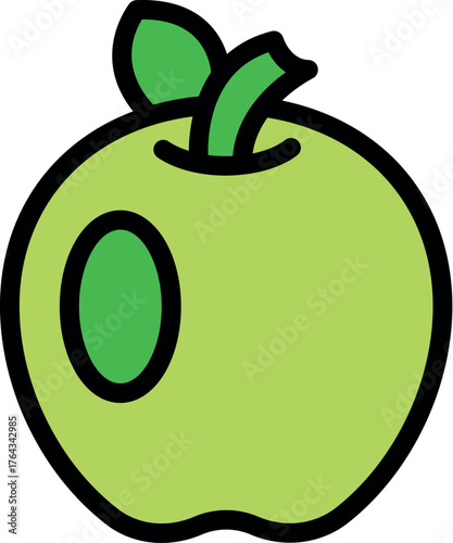 Cartoonish drawing of a green apple with number zero, representing healthy eating habits and learning about numbers
