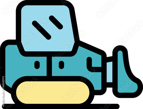 Bulldozer pushing dirt at construction site, colorful icon illustration