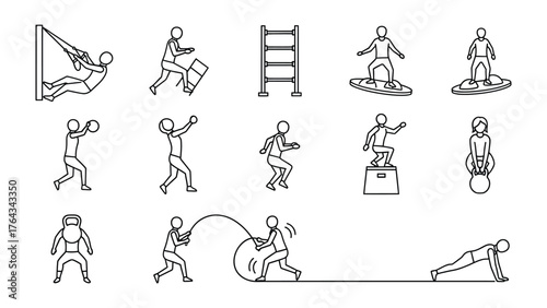 Fitness Icons: A dynamic collection of simple, black and white line art icons depicting various fitness activities and exercises, perfect for illustrating health, wellness, and workout concepts.