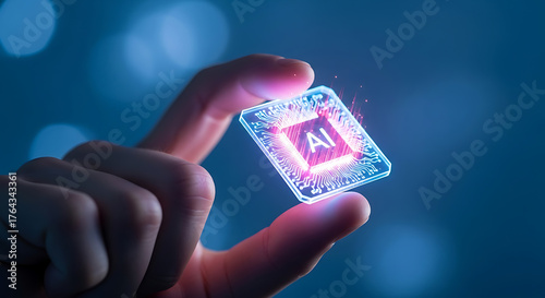 Hand holding glowing ai chip symbolizing artificial intelligence innovation future technology