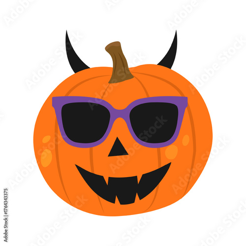 Evil pumpkin with glasses and horns for Halloween. Vector illustration.