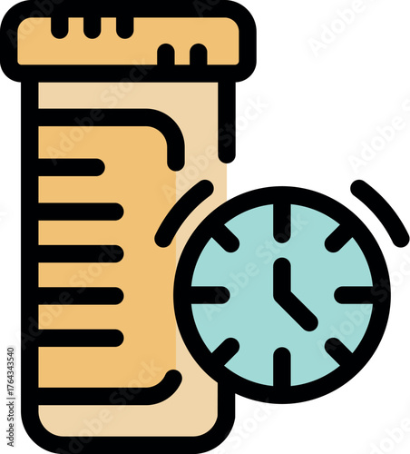 Medicine bottle with clock icon, representing the concept of time dependent effects or scheduled medication intake