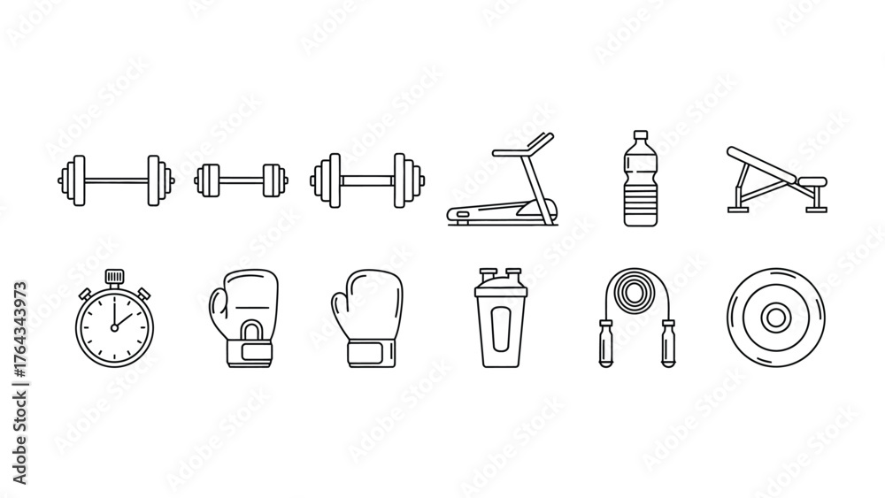 Obraz premium Workout Icons: A comprehensive set of line icons, neatly arranged and depicting essential gym equipment for a focused and effective workout routine.
