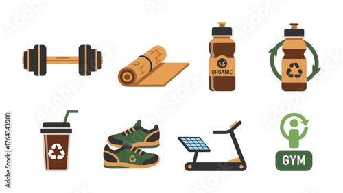 Fitness Essentials: This image showcases a collection of fitness essentials including weights, yoga mat, water bottles, reusable coffee cup, shoes and treadmill.