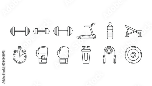 Workout Icons: A comprehensive set of line icons, neatly arranged and depicting essential gym equipment for a focused and effective workout routine.