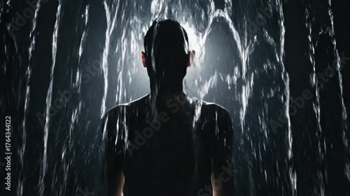 Silhouette of a person standing under a powerful waterfall illuminated by a bright light from above creating a dramatic and mysterious atmosphere.