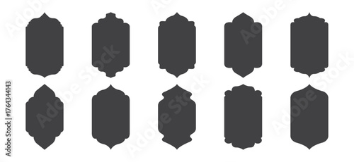 Islamic shape frame, arab ornament arch. Ramadan traditional door, arabesque ornament, islam window. Oriental black arc, east architecture icon isolated on white background. Vector illustration