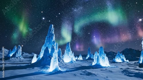 Stunning Aurora Borealis over a Frozen Arctic Landscape with Glowing Ice Formations.