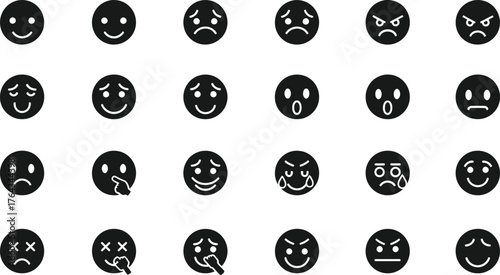 Collection of black and white emoji faces expressing a wide range of emotions and feelings isolated on transparent background