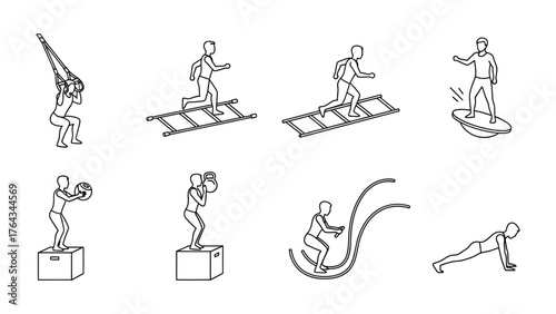 Fitness Exercises Icon Set: Illustrated workout exercises with variety of movements to showcase different strength and conditioning workout routine