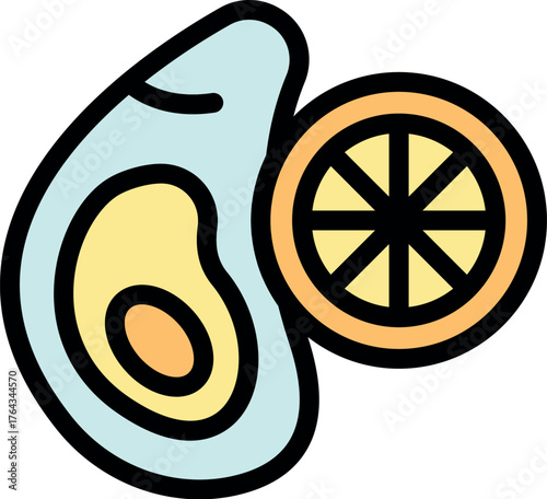 Opened oyster with lemon slice, representing a fresh seafood delicacy, perfect for restaurant menus or seafood related designs