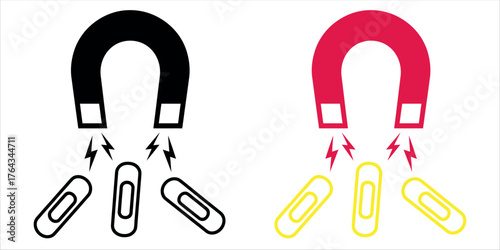 Horseshoe Magnet Attracting Paperclips Vector Illustration. Concept of Science, Physics, Attraction, Magnetism, and Business Growth.