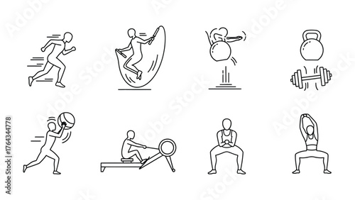 Fitness and Exercise Icons: A set of black line icons depicting various fitness and exercise activities, perfect for illustrating workouts, health, and wellness concepts.