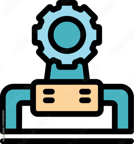 Gas turbine generating power, featuring a rotating gear and connected pipes, symbolizing energy production and industrial processes