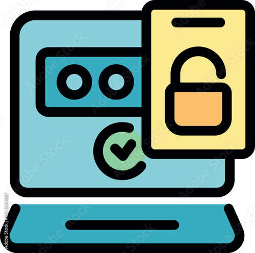 Laptop screen showing password field, padlock icon, and checkmark, representing secure login and online security measures