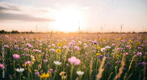 Golden hour sunset over a vibrant field of wildflowers