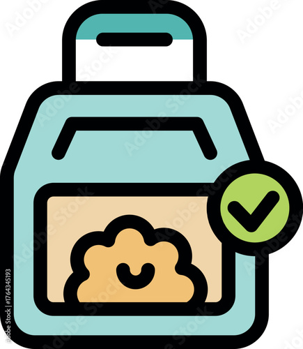 Pet food in a sealed package with a check mark, highlighting quality control and balanced nutrition for animal companions