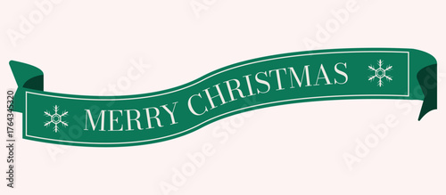 Green Christmas Ribbon Banner with Snowflakes Vector.